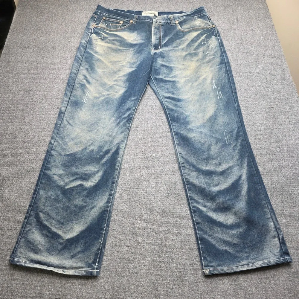 Brooklyn Xpress Mens Distressed Wide Leg Jeans Blue Sandblasted 42x34 Streetwear